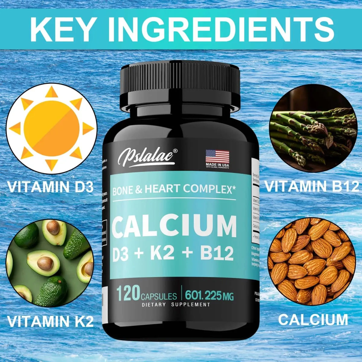 Suplemento de cálcio 4 em 1 com vitamina D3 K2 B12 - apoia ossos, dentes, coração e função do sistema imunológico