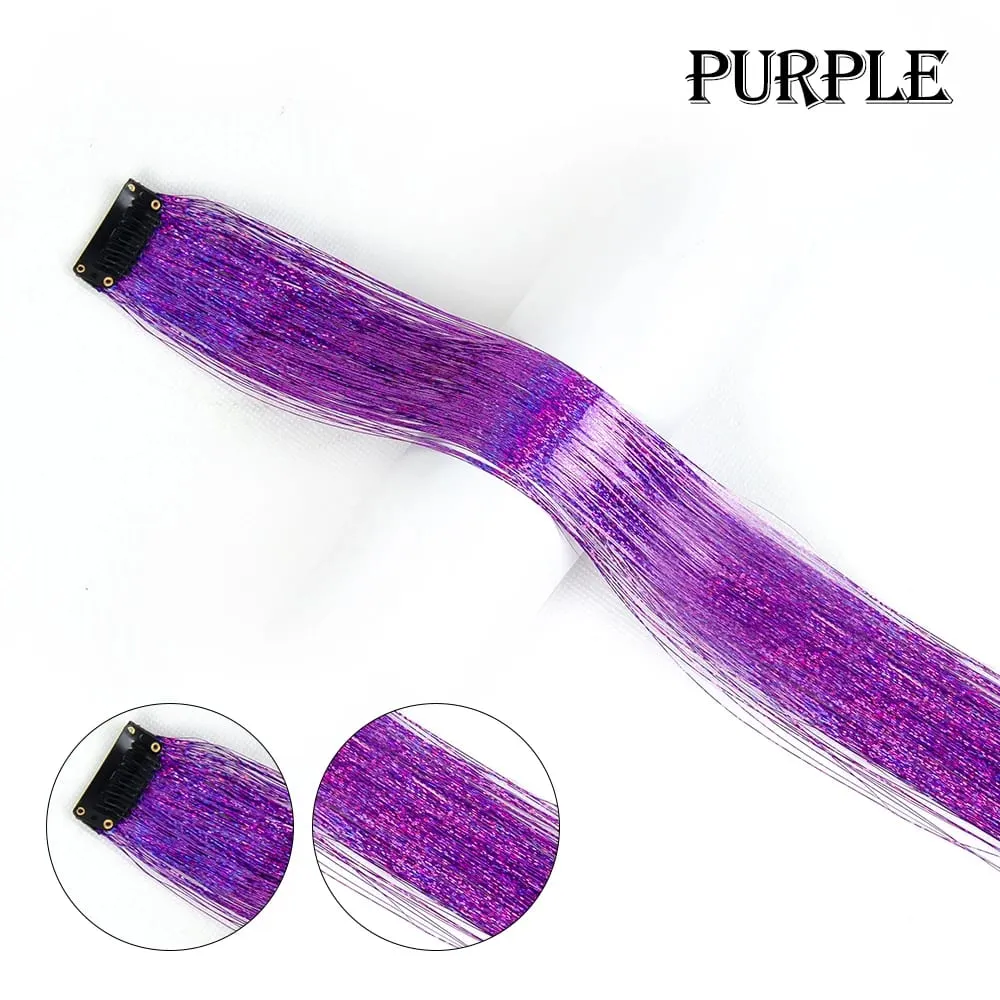 Straight Rainbow Colored Party Highlights Clip On In Hair Extensions Bling Hair Piece Synthetic Hairpieces Sparkling Tinsel Red — image 11