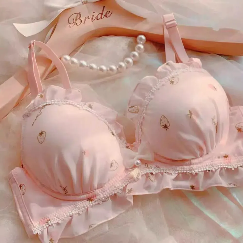Cute Strawberry Print Wireless Thin Cup Push Up Bra Panty Set Kawaii Japanese Comfort Underwear For Small Chest Daily Wear S-XL