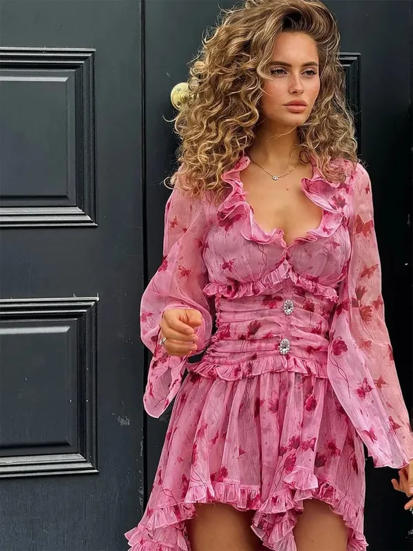 Women Mandarin Collar Ruffle Hem Mini Qipao Chinese Style Cap Sleeve Slim Fit Cheongsam Dress Dating Daily Party Outfit