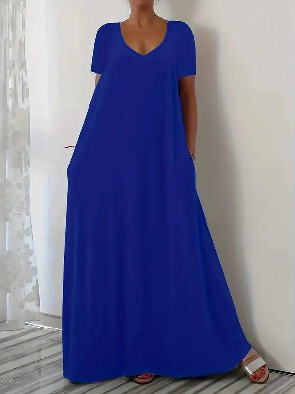 Plus Size Summer new long skirt casual loose short sleeved solid color V-neck plus size dress for women