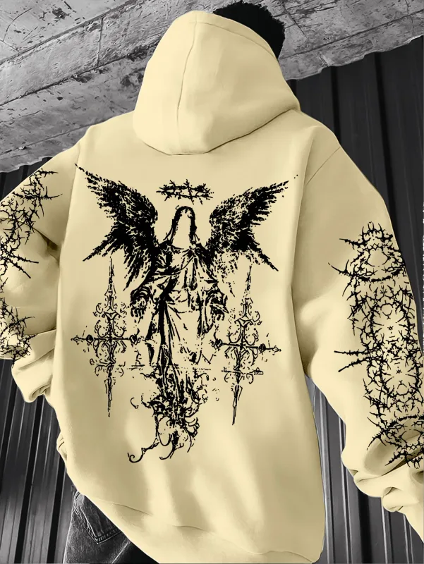 Men's Angel-themed graffiti thorn print streetwear hip-hop punk style hooded sweatshirt regular fit version sweatshirt hoodie