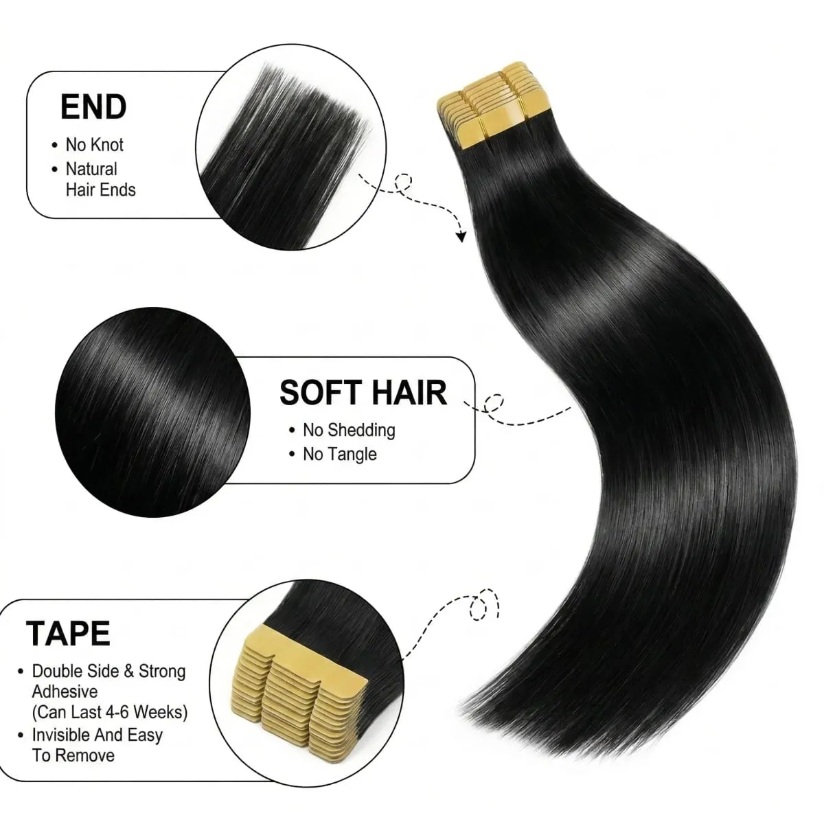 Tape In Hair Extensions Human Hair 16-24 Inch Seamless Invisible Remy Hair Extensions Tape Ins For Women Brazilian Natural Black 21Pcs 50g 100% Human Hair