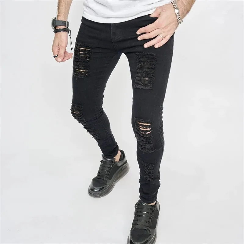 Black Skinny Stretch Ripped Jeans Men's Slim Distressed Kpop Y2K Hip Hop Rock Pants Street Style Ripped Stretch Denim Trousers