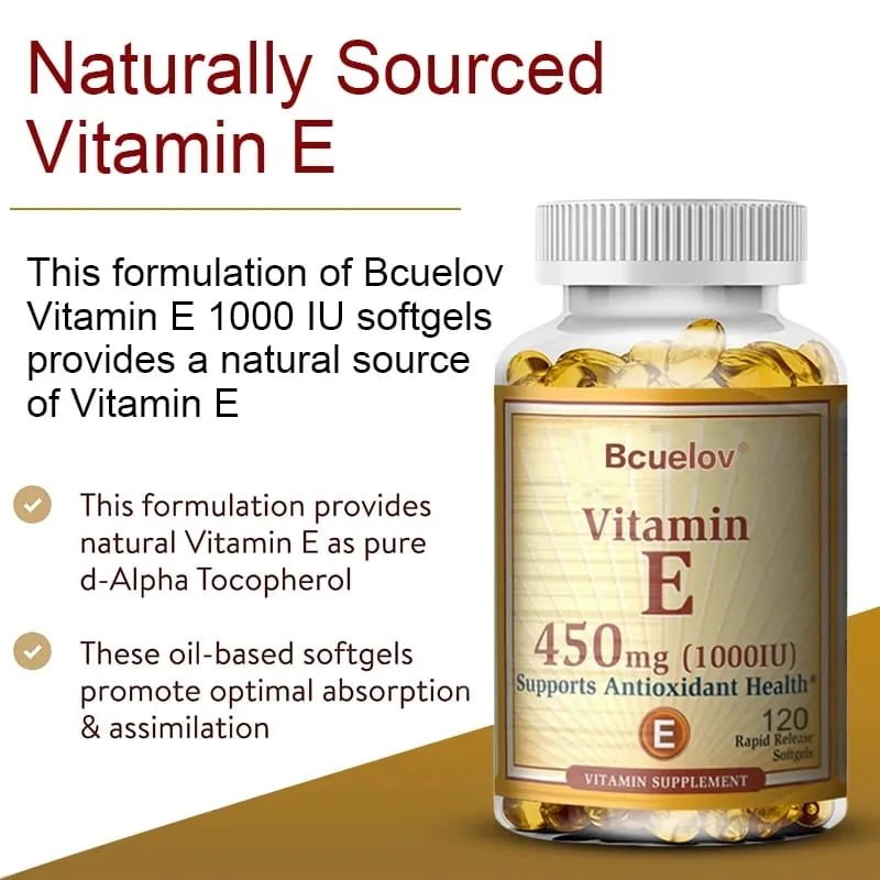 Bcuelov Vitamin E 1000 IE 450mg - til hudhår cirkulationssundhed immunsystemstøtte - antioxidanttilskud