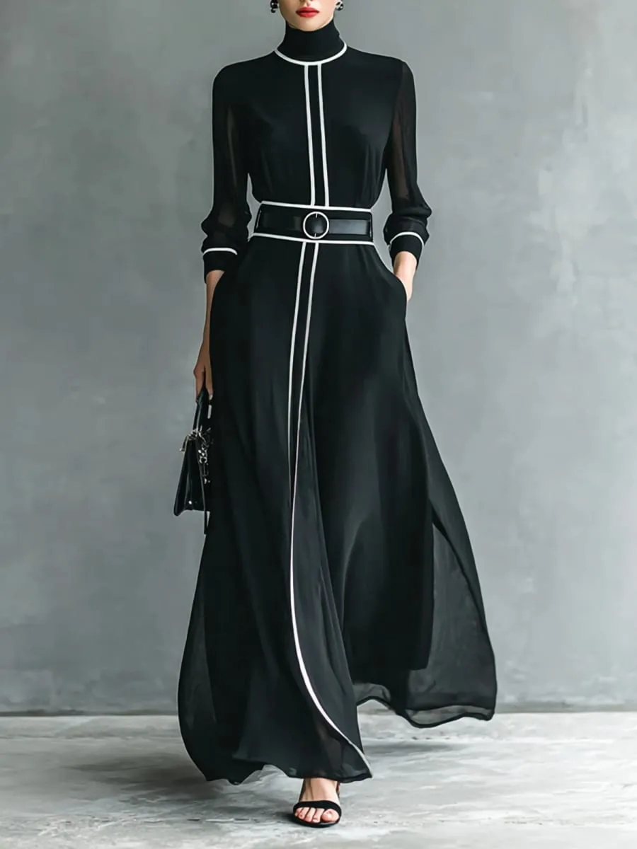 French Elegant Chiffon Maxi Dress High Neck Long Sleeve with White Piping Trim Ideal for Office Business Banquets & Parties — image 2