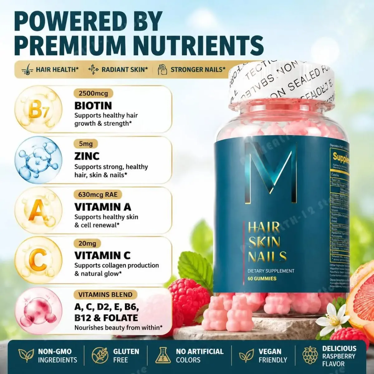 Hair Skin Nails Gummies with Biotin and Zinc Vitamins A C D2 and E Plus B6 and B12 for Radiant Healthy Skin 60 Gummies