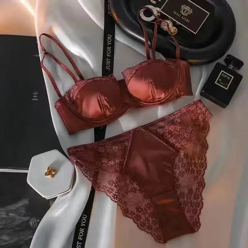 Sexy Satin Half Cup Push Up Bra Set Underwire Thin Smooth Green Lace Trim Comfort Luxury Lingerie for Women 32-38 Hot Sale S-XL