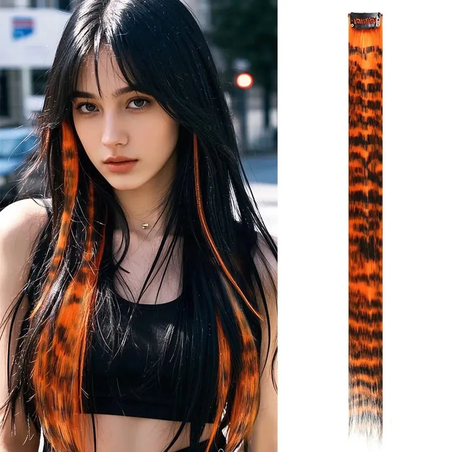 Stripe Printed Clip in Hair Extensions Colorful Synthetic Hair Highlights 18 Inches Straight Wig Hairpieces for Daily Use Party