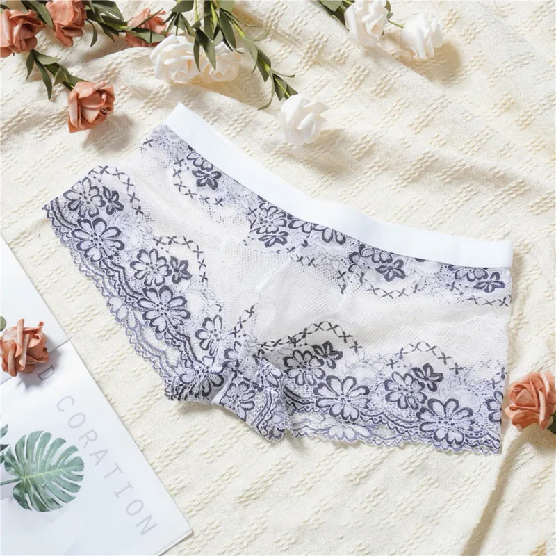 Men Lace Jacquard Mesh Boxer Shorts Underwear Hollow Temptation Exotic Trunks Silk Soft Quick Dry Breathable Sexy Panties