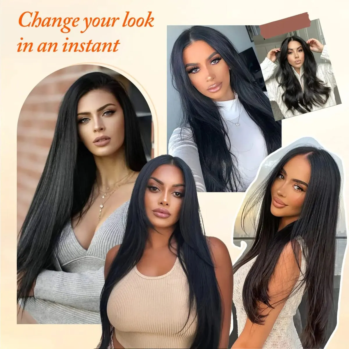 7Pcs/Set16Clips Hair Extension Black Long Straight Natural Hair Ombre Hairpiece Heat Resistant Fiber For Women Hairstyle Cosplay — image 6