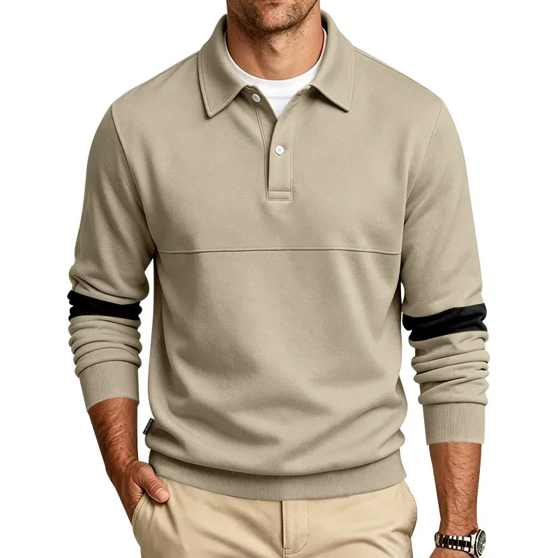 Men Lapel Polo Sweatshirt, Color Block Long Sleeve Pullover, Loose Solid Casual Top for Spring Autumn Daily Outfit