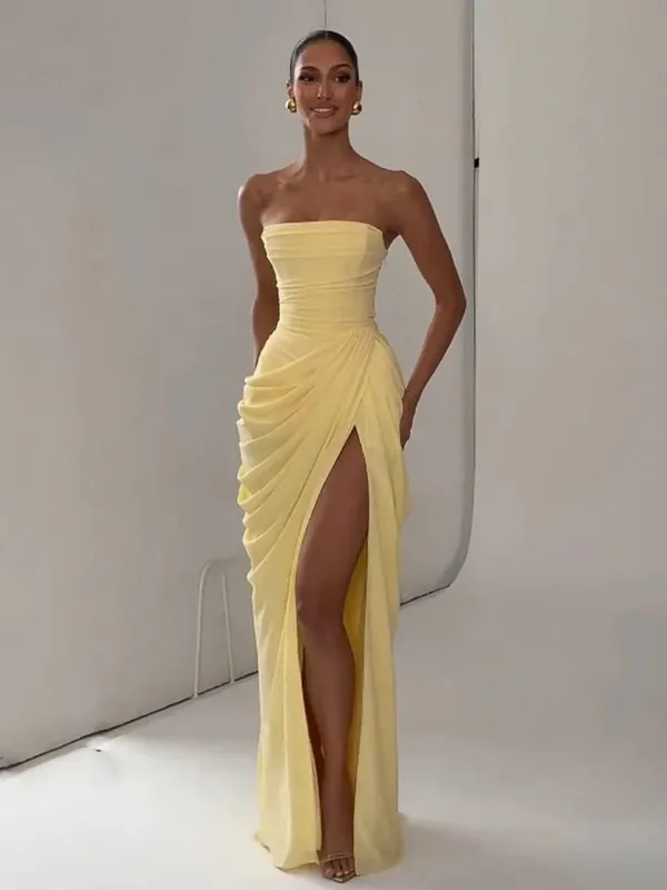 Sexy Solid Pleated Halter Dress Women Fashion Sleeveless Backless Waist-cinching Split Maxi Dresses 2026 Summer Lady Party Gowns