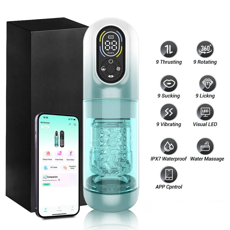Male Masturbator Penis Pump for Men Automatic Thrusting Rotating Vibrating Sucking Licking Mode LCD Pocket Pussy Adult Sex Toys