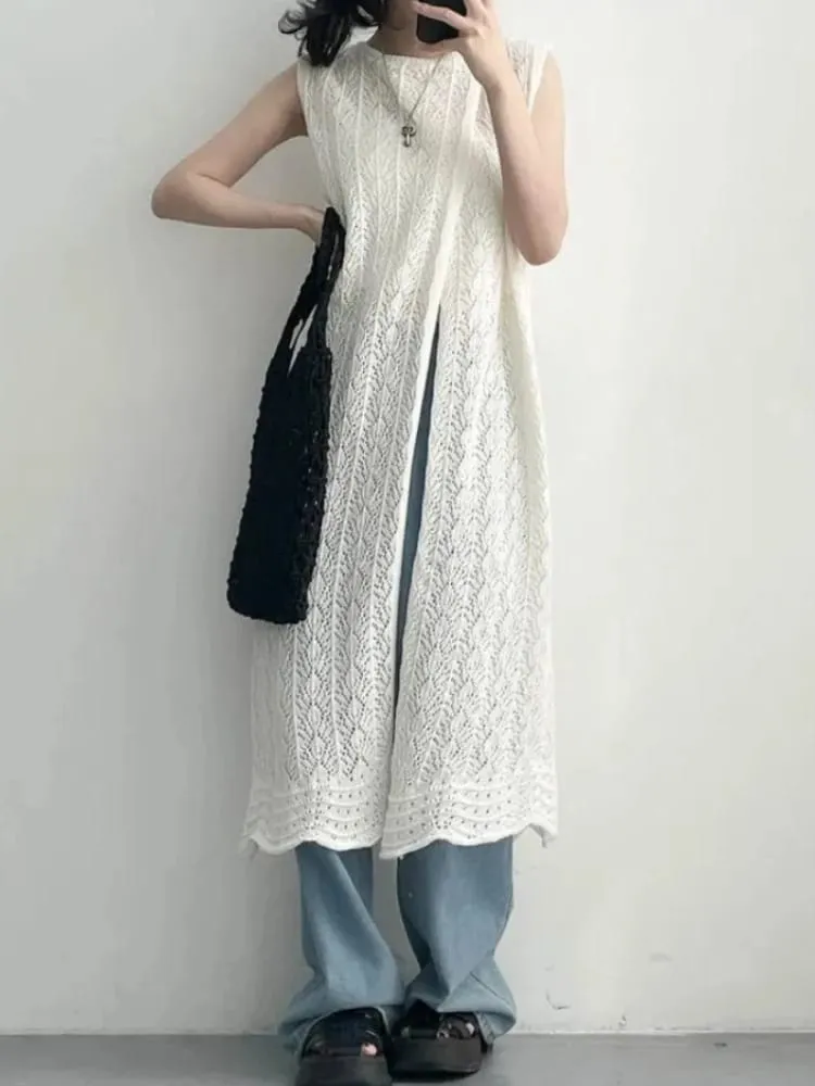 Zjaiss Women's 2026 Early Spring Japanese Retro Sweet Sweater Dresses Hollow Out Knit Irregular Long Sleeveless Vest Dress