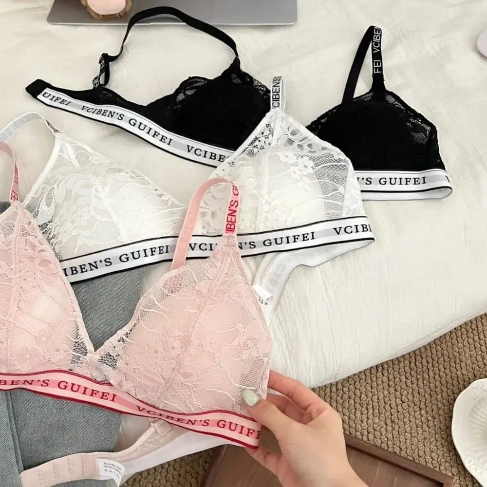 Comfortable Letter Design Lingerie Set Deep V Wireless Women Underwear Suit Color Blocking Lace Bra Panties Set Daily