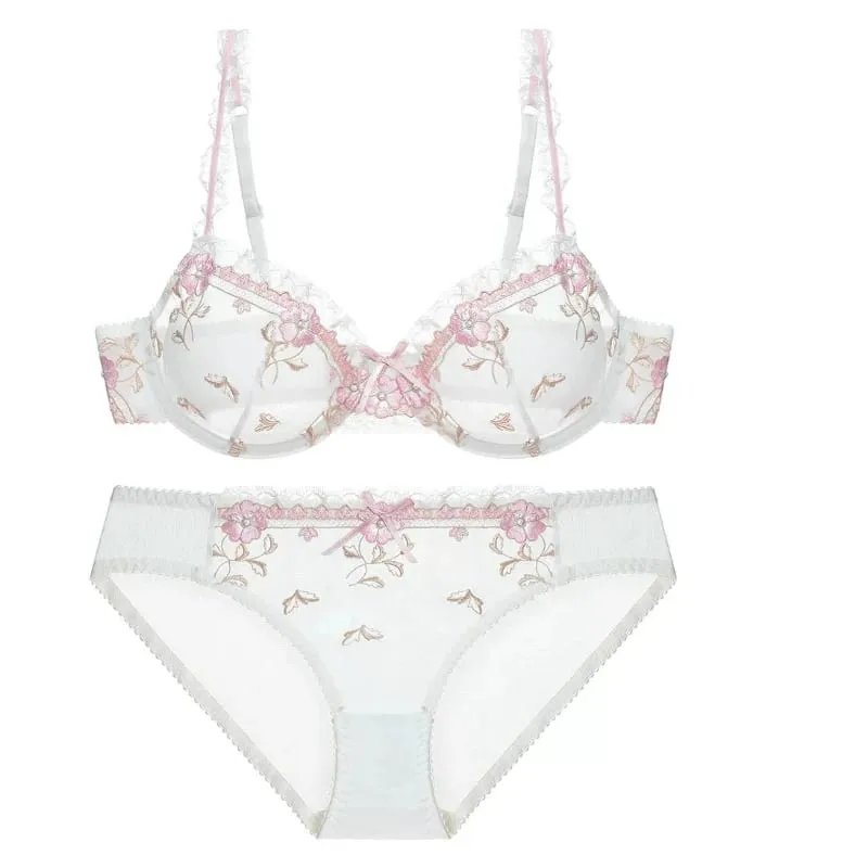 Women White French Lace Underwear Set Floral Embroidery Mesh Push‑Up Bra Kit Plus Size Soft Comfort Intimate Outfit