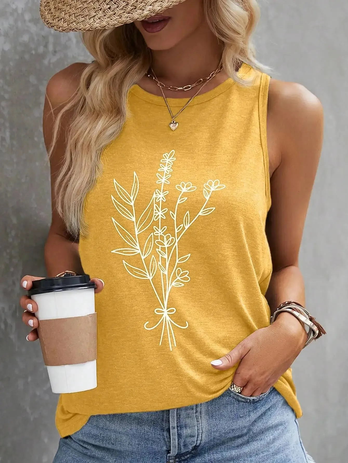 Casual Yellow Floral Print Round Neck Tank Top Loose Fit Sleeveless Blouse For Daily Vacation Beach Summer Outfits — image 8