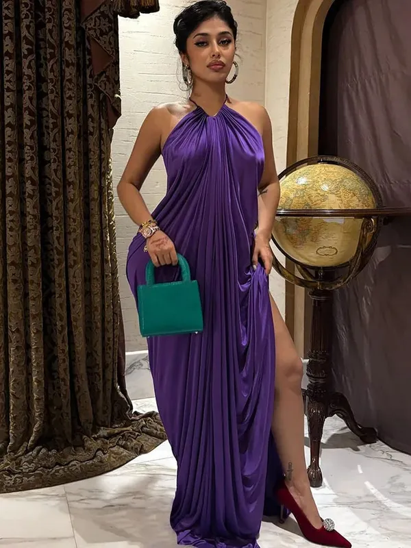 Weird Puss Elegant Ruched Halter Dress Woman Sexy Sleeveless Summer Trend Silky Skinny Gown Robe Vacation Banquet Party Vestidos
