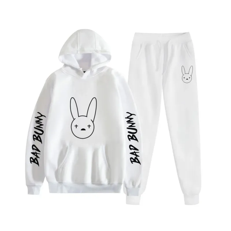Harajuku Comfortable bad bunny Print Sweatshirt Sweatpants Suit Women's Hoodies+ Trousers Suit Boys/Girls 2 Piece Set Clothes