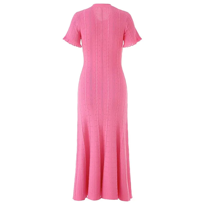 Summer Elegant Lady Knitted Single Breasted Long Dresses Women Solid Short Sleeve O Neck Button Bodycon Party Female Vestidos