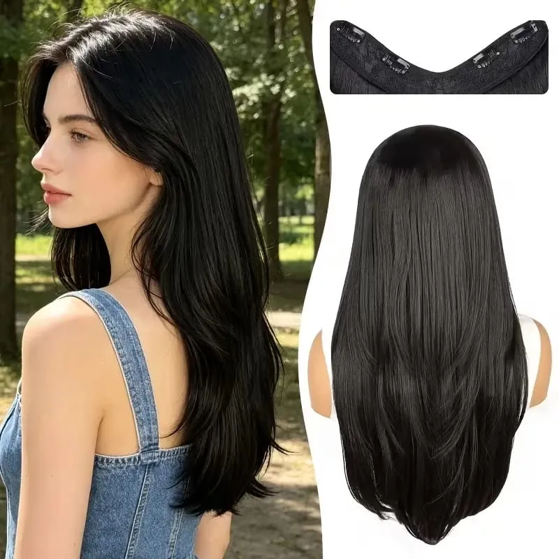 22Inch Synthetic V-Shaped Long Layered Straight Hair Extensions Invisible Increase Volume Fashion Lazy Hairstyle for Women