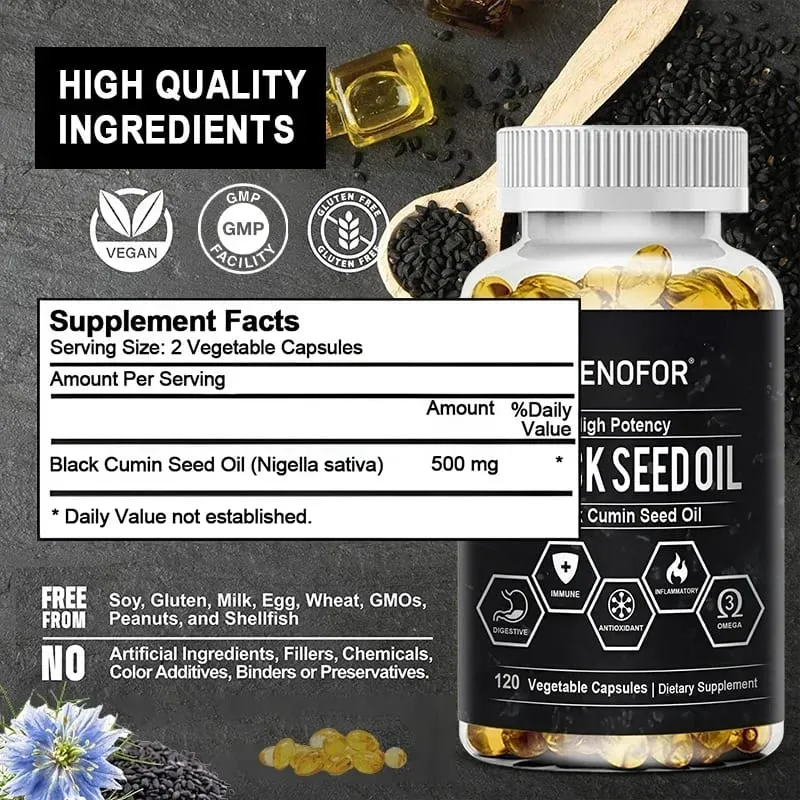 Black Seed Oil 500 Mg - Cold Pressed Nigella Sativa Capsules - Non-GMO Gluten Free for Overall Health Support