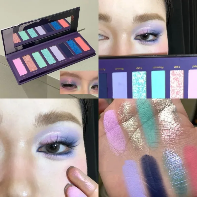 8-Color Smoked Green Eyeshadow Palette Metallic Blue Pearlescent Glitter Eye Shadow Plate Diamond Brightening Highlight Makeup