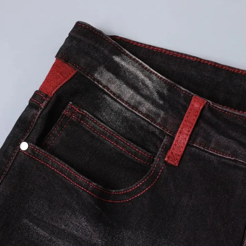 Men's Black Stretch Jeans for Spring and Fall Denim Pants with Red Ripped Details Asian Sizes 28–42. — image 3