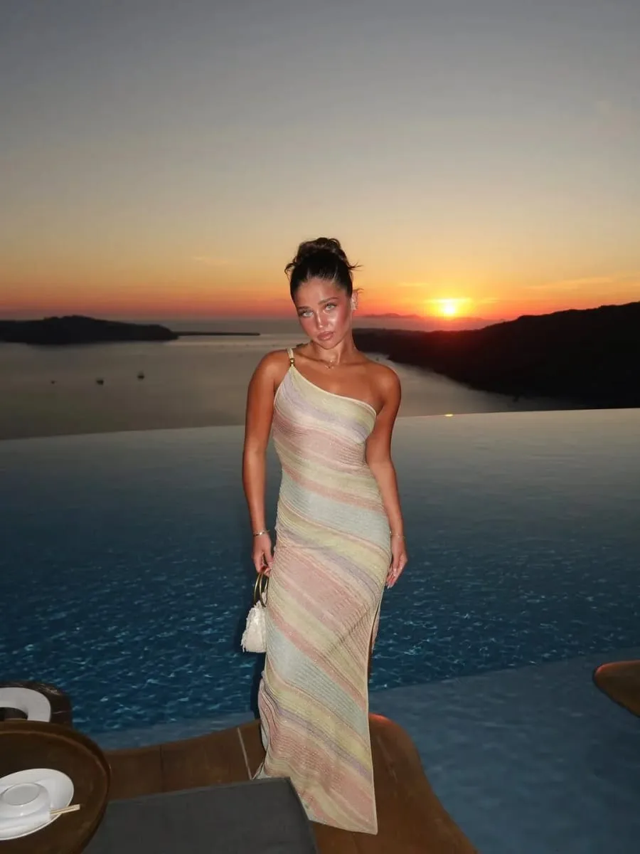 Women Rainbow Stripe Knit Maxi Dress One Shoulder Single Strap Side Split Bodycon Vestidos Summer Beach Vacation Party Robe 2026