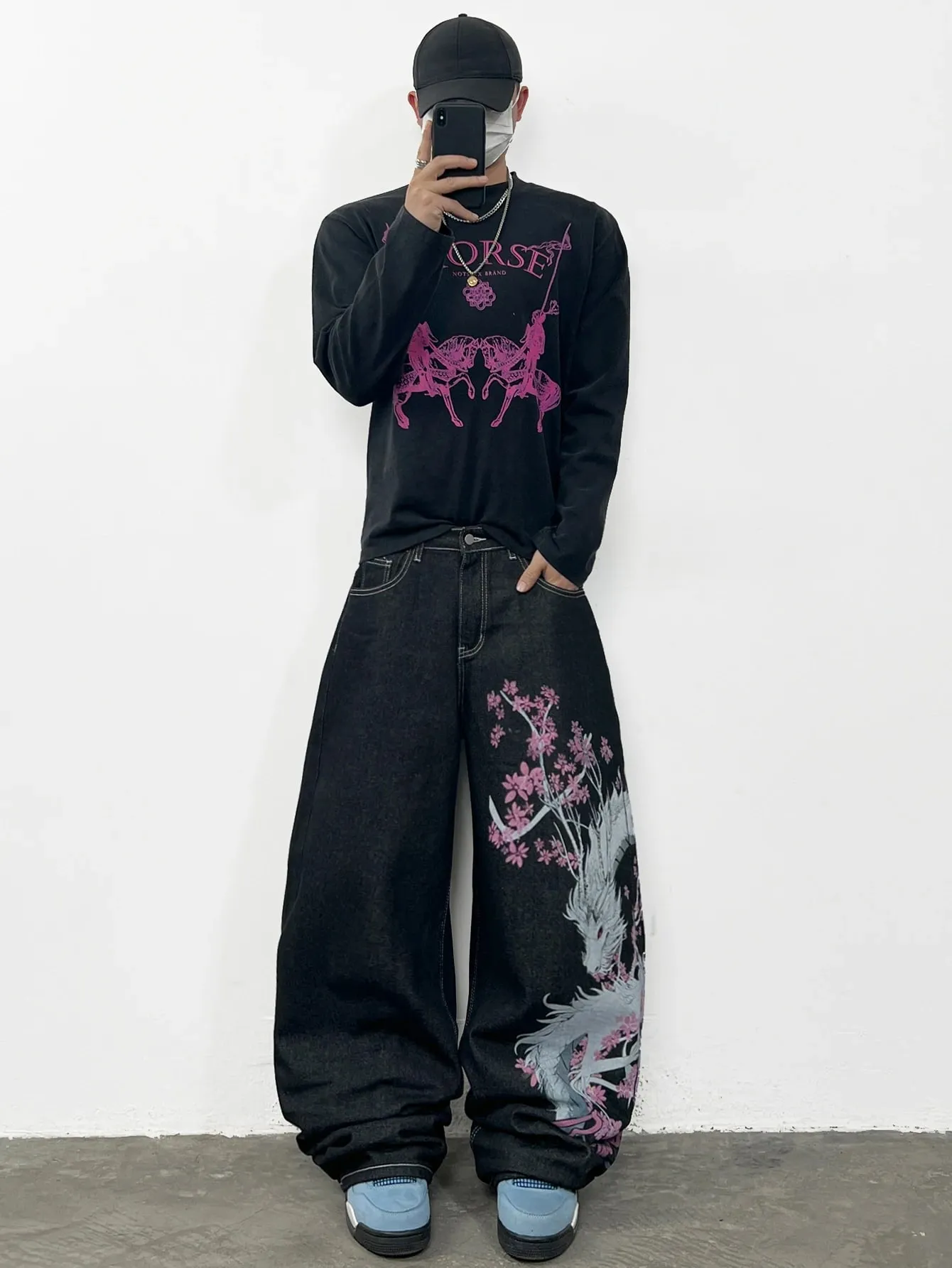 American Retro-Style Printed Dragon Black Baggy Jeans Men Y2K Street Hip-Hop Trendy Versatile Wide-Leg Pants