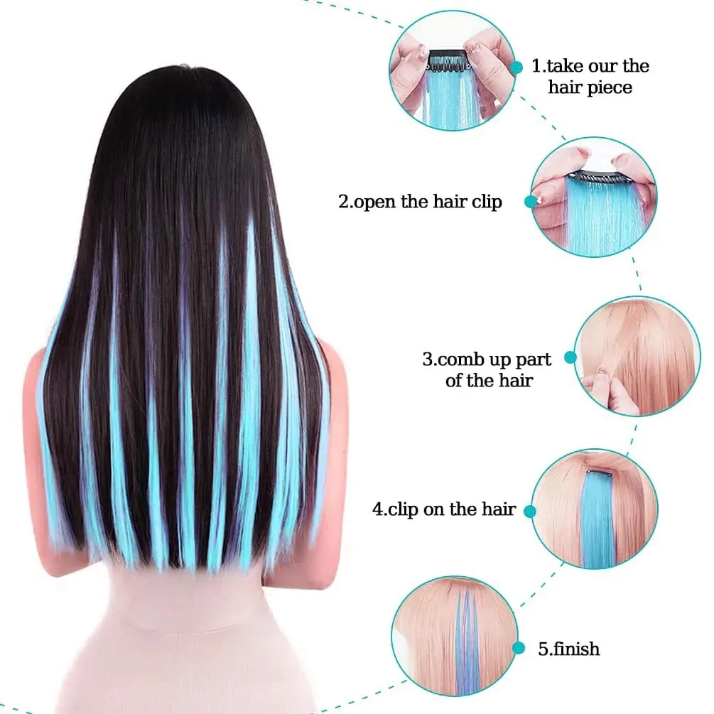 6 Pcs Synthetic Bright Cyan Clip In Hair Extensions Straight Colored Highlight Hair Streaks Heat Resistant Synthetic Fiber