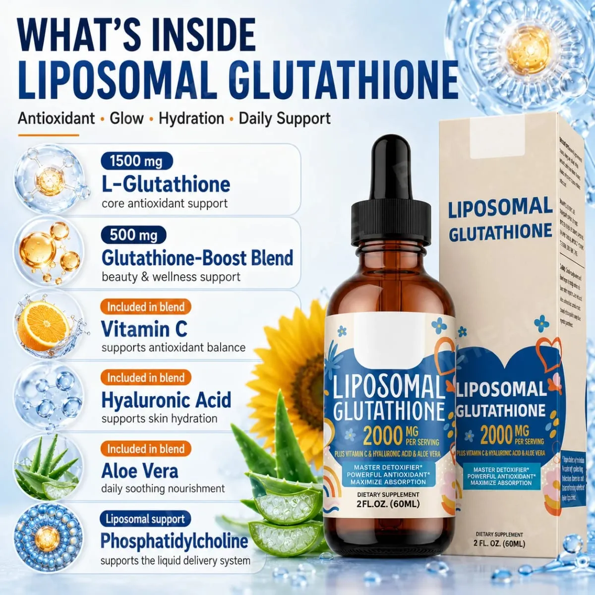 Liposomal Glutathione Liquid Drops 1500mg with Vitamin C Hyaluronic Acid & Aloe Vera for Beauty Glow and Hydration Support