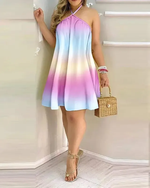 Women Halter Neck Floral Leaf Print Mini Dress Sleeveless Loose Swing Sundress Beach Vacation Casual Short Dress
