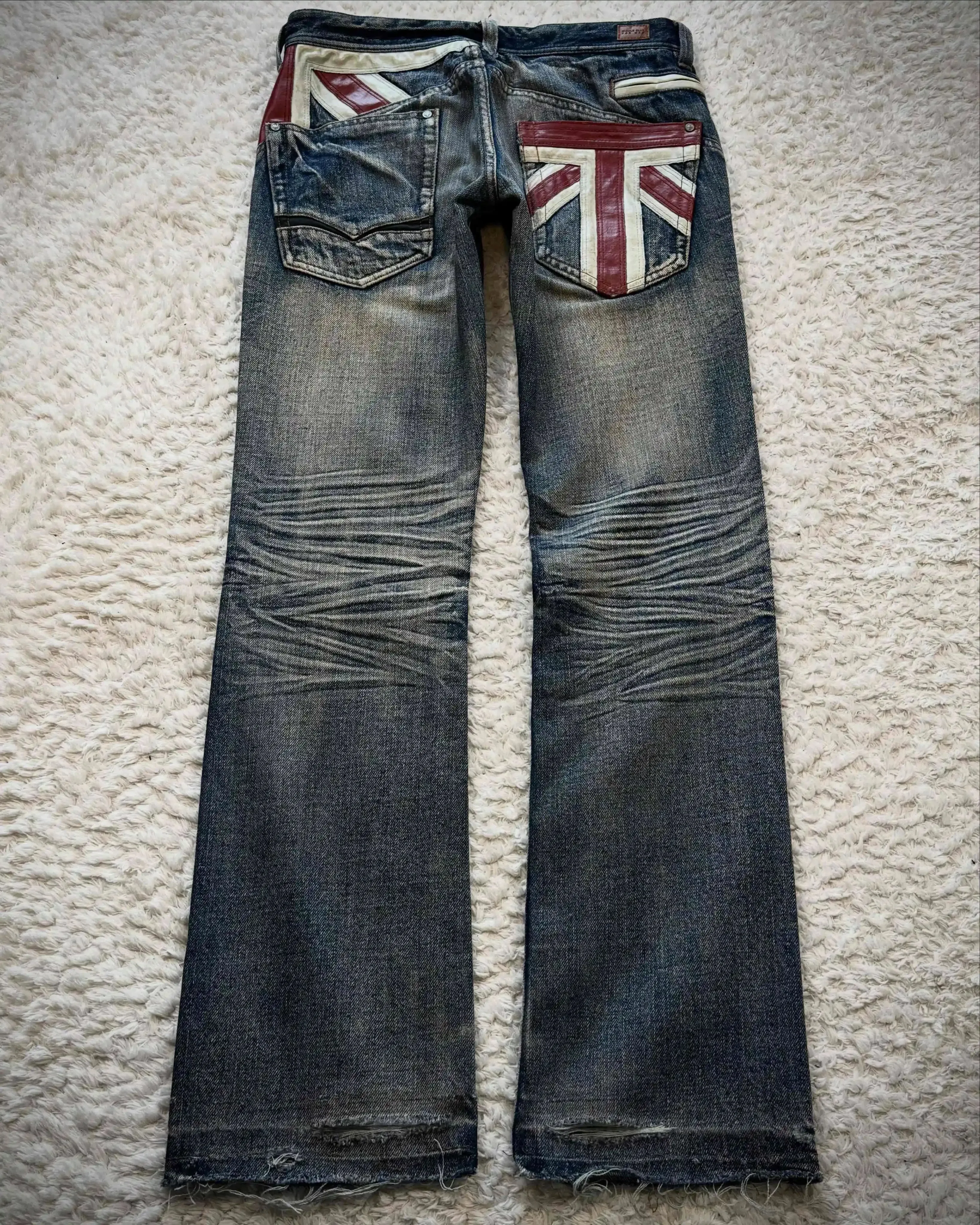Vintage French Flag Pocket Patchwork Men's Jeans Y2K Low Waisted Straight Leg Blue Washed Denim Pants Women Casual Street Jeans