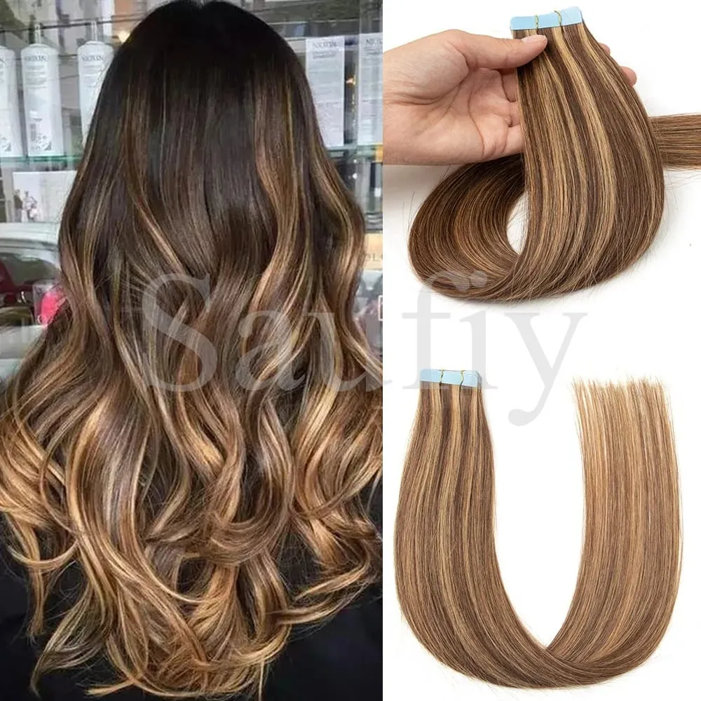 Blonde Tape In Hair Extensions Human Hair 20pcs/Pack Straight Natural Black Blonde Brown Tape Ins Hair Extensions 12-20inches Seamless Double Side Skin Weft Tape In Hair For Women