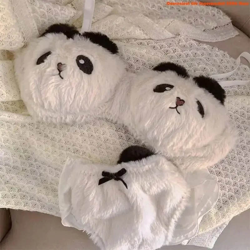 G92D Womens Japanese Cartoon Panda 2Pcs Plush Bra and Panty Set Furry Wireless Bralette Underwear Cosplay Anime Lingerie