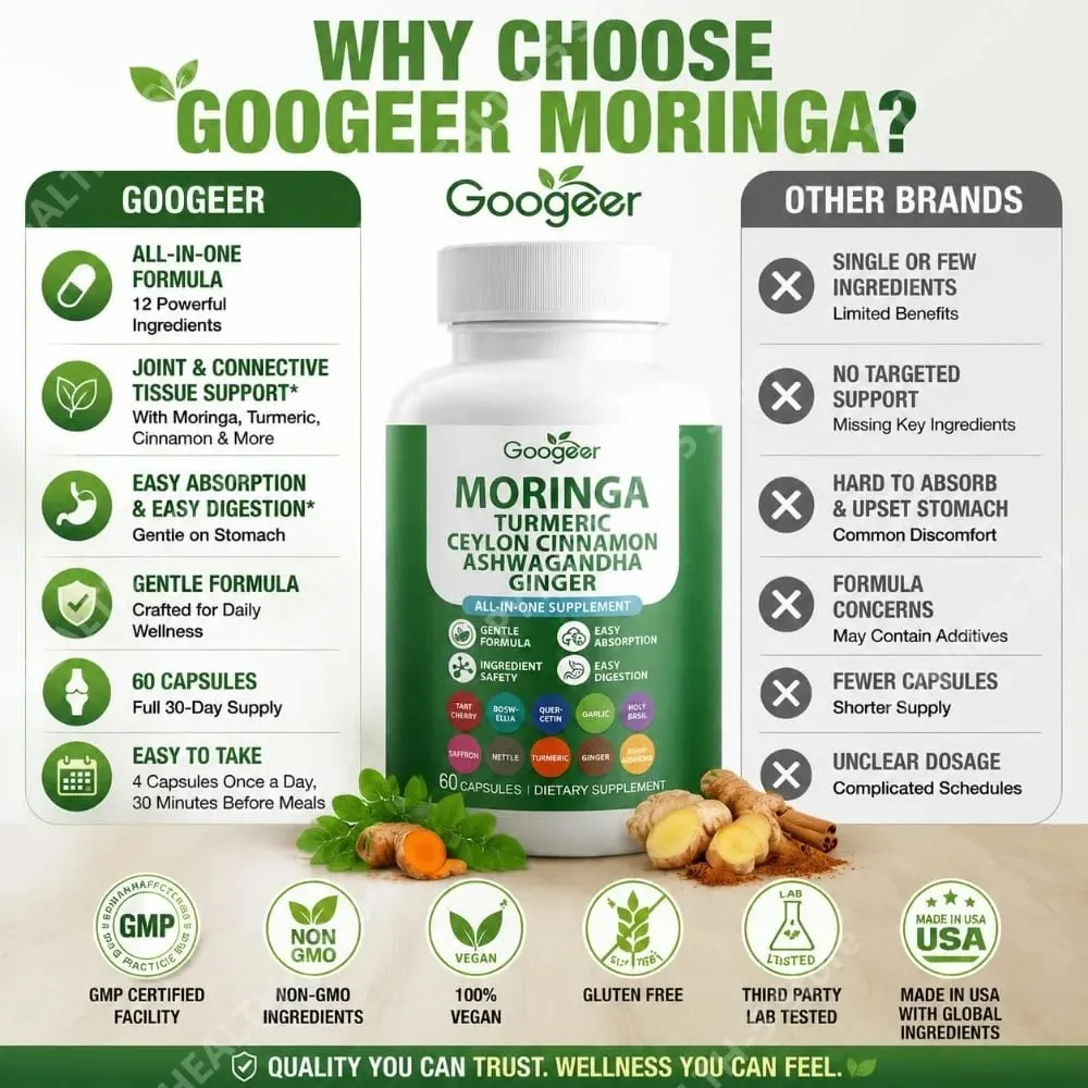 Googeer Moringa Turmeric Capsules All-in-one for Joint Health Support with Ashwagandha Ginger and Ceylon Cinnamon 60 Capsules