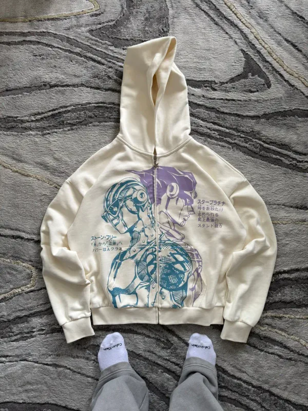 Hoodies Harajuku Oversized Mens Womens Jojo Bizarre Splicing Embroidery Zip Up Hoodie Hip Hop Couples Y2k Street Sweatshirt
