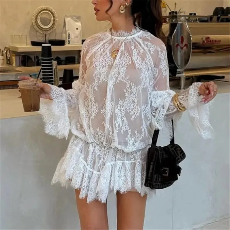 Women's See Through Lace Dress Long Sleeve Crew Neck Casual Loose Sheer Dress Vacation Beach Cocktail Mini Dresses — image 2