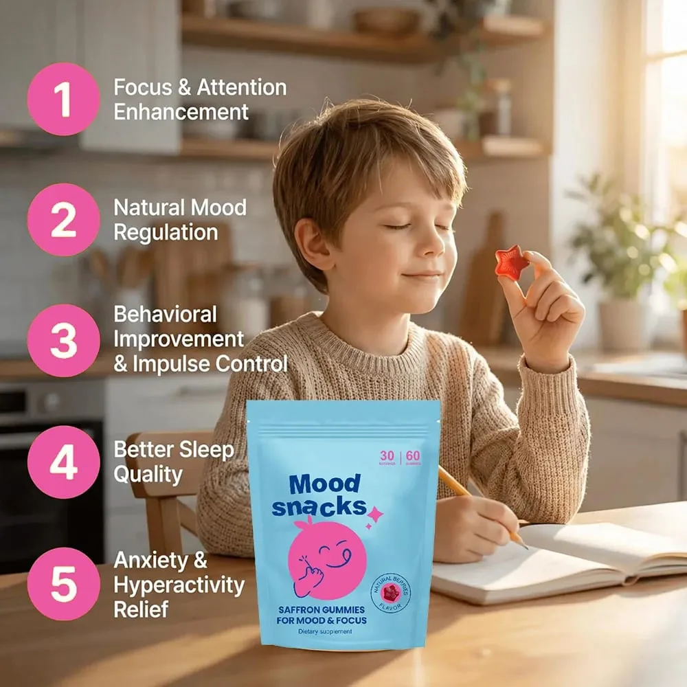 Saffron Gummies for Kids with Passion Flower Saffron Extract & GABA Calm Mood Support Supplement for Focus & Relaxation Mood