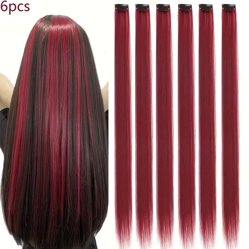 22Inch Synthetic Long Straight 6pcs Hair Extension Clip in Fashion Color Hair Rainbow for Women Daily Use