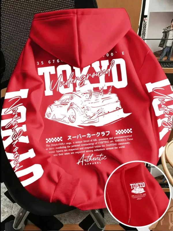 Autumn Winter New Men'S Tokyo Underground Racing Line Drawing Print Hooded Sweatshirt Japanese Street Trendy Top