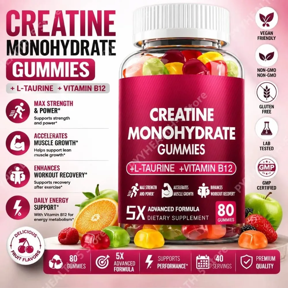 Creatine Monohydrate Gummies - 5g for Men & Women 80 Count Creatine Chewable Supplements for Muscle Gain Muscle Strength