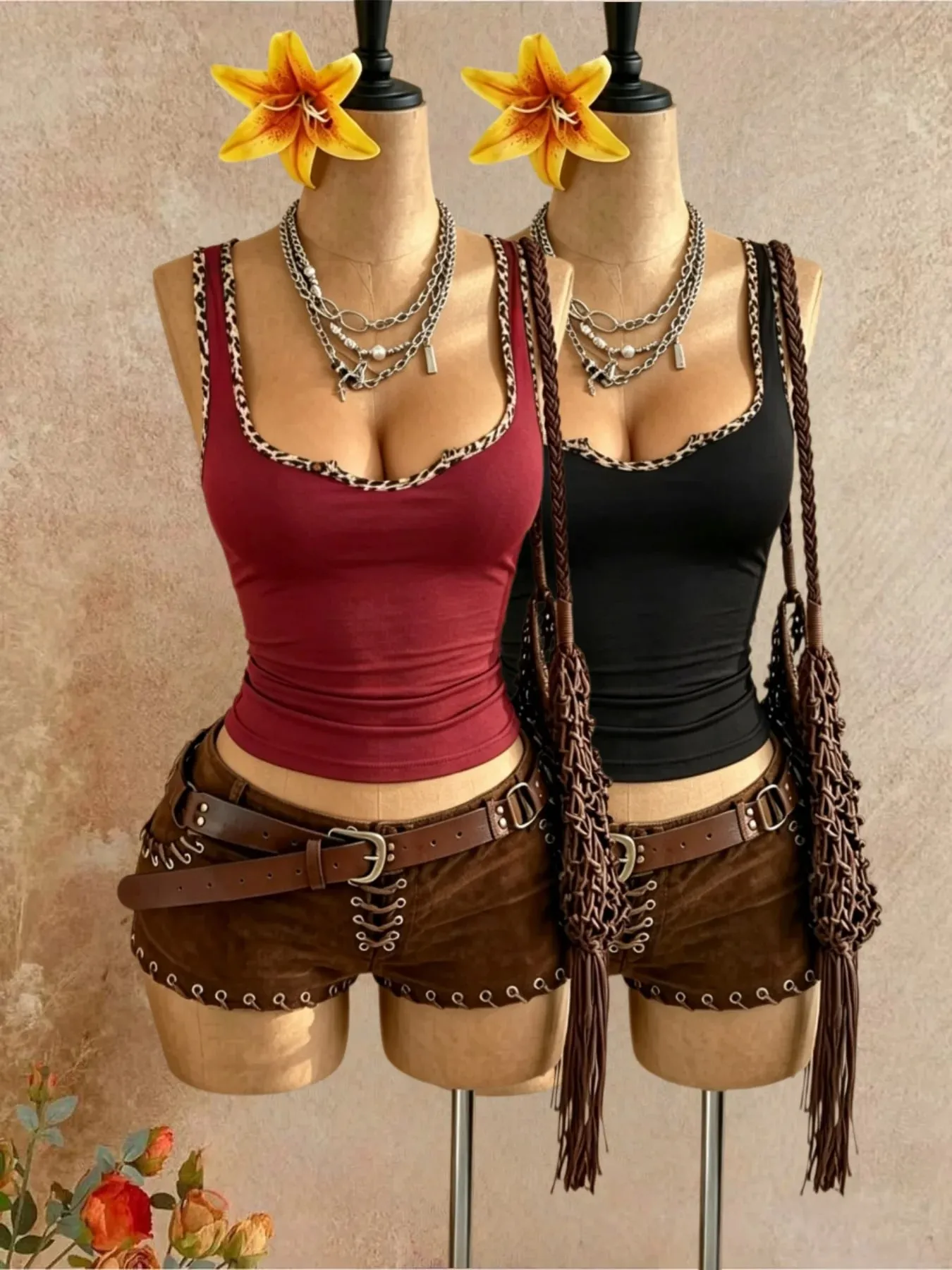 2 Pcs Women Leopard Print Trim U Neck Sleeveless Tank Top Solid Slim Fit Western Y2K Cami Vest Multi-color Wine Red Black — image 1