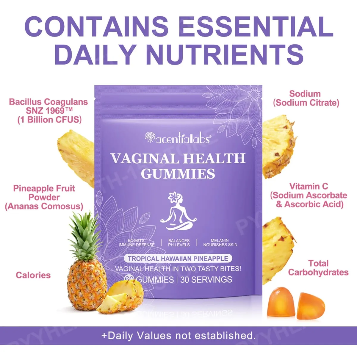 Vaginal Health Gummies PH Balance Support with Vitamin C and Pineapple Fruit Powder Gelatin-Free Daily Wellness 60 Gummies