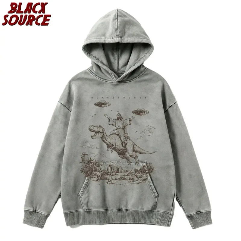 T075 Cartoon Dinosaur Print Hoodie, Women's Unisex Vintage Pullover Sweatshirt, Casual Distressed Design for Daily Wear