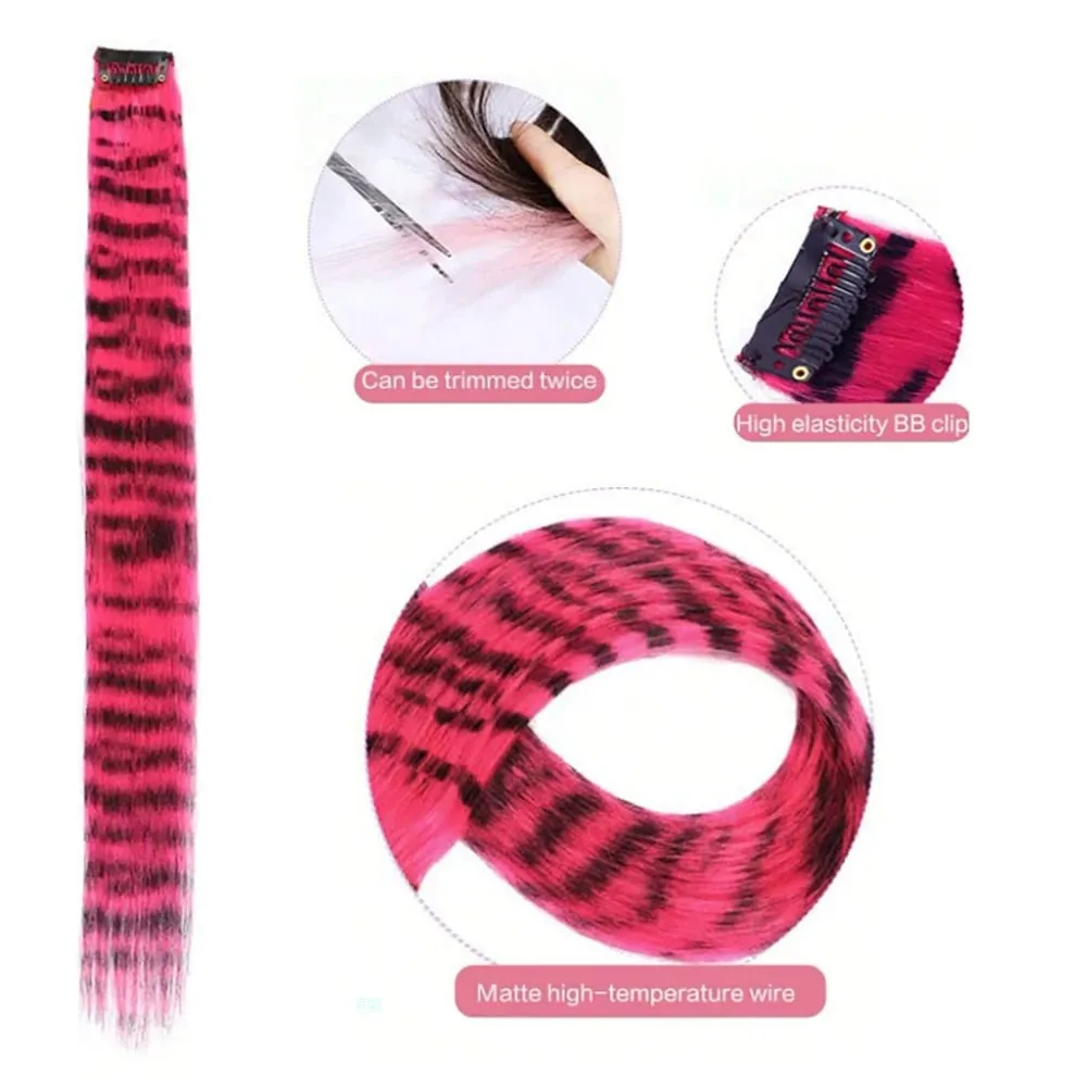 18' 7 Pcs Rainbow Long Straight Zebra Print Synthetic Feather Clip in Hair Extensions for Women Ideal Halloween Christmas — image 3