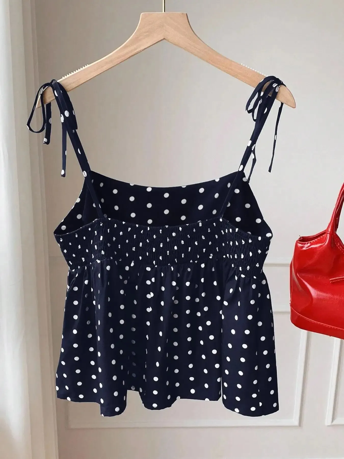 Women's Polka Dot Crop Cami With Spaghetti Straps And Flared Hem Polka Dot Camisole Babydoll Top Babydoll Tops Polkadot Top Cute — image 6