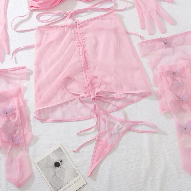 Lingerie Ultra Sexy Halter Bra Drawstring Pleated Attractive Suspenders Romantic Butterfly Cut Out Stocking Gloves